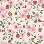 Matte finish wallpaper with vintage red strawberries, pink cistus flowers, white strawberry blossoms on cream background