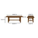 Table dimensions diagram showing width, depth, height, and tabletop thickness in brown pine