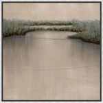 Tranquil painting of a quiet waterway surrounded by muted green trees under a soft beige sky with gentle brushstrokes