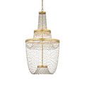 Full chandelier with intricate glass bead garlands hanging in a soft, curved formation