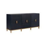 Wood media console with raffia-covered navy doors, gold leaf hardware, and tapered gold legs