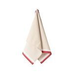 classic red kitchen towel with cream center and red white border, hanging folded