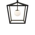 Front view highlighting symmetrical trapezoid wrought iron frame around frosted glass globe