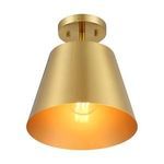 bottom-up view revealing light bulb inside brass shade and warm glowing interior