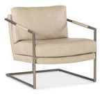 Moody Metal Chair in beige semi-aniline leather with polished stainless steel frame and leather-wrapped arms, angled front...
