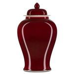 Large oxblood red temple jar with glossy finish, classic curved silhouette, and fitted lid with finial
