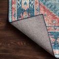 Back side of Skye rug flipped to show woven fabric backing and edge stitching on wood floor
