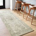 Runner style Rosette Ivory / Silver Rug with vintage floral medallion design under wooden bar stools