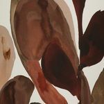 Close-up of central curved shapes highlighting deep brown and reddish watercolor blending