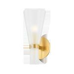Pine Island Wall Sconce lit with soft light, showing the translucent etched glass and gold round backplate