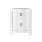 White Helena Side Table with two spacious drawers and distinctive oval gold handles with a curved silhouette