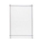 Flat laid white kitchen towel showing the full black embroidered border pattern and rectangular shape