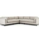 Frontal view showcasing black iron base and cushion height with light beige fabric