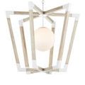 Pendant viewed from below showing intersecting wooden frame beams and centered globe