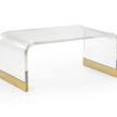 Clear acrylic Waterfall Coffee Table with 1-1/8 inch thick top and waterfall edge, antique brass feet