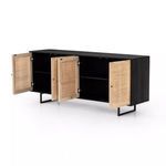 Open doors revealing spacious black interior shelving inside Carmel Cane Sideboard