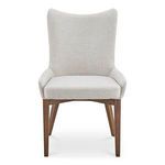 Posta dining chair with high curved back, padded seat in light beige fabric, and tapered walnut rubberwood legs