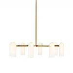 Side view of chandelier lit, highlighting evenly diffused light through matte glass cylinders