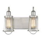 Industrial two-light bath bar with brushed satin nickel finish, rectangular wall plate, curved arms, and clear taper glass...