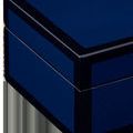 Close-up of corner and seam detail on the smaller glossy navy lacquer box with black trim