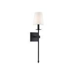 Monroe 1 Light Sconce with long sleek black bronze body and white fabric tapered shade