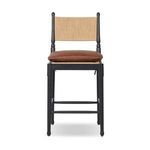 Fayth Bar + Counter Stool in walnut-finished solid ash with a neutral linen back rest and brown leather cushion