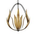 Unlit Endymion Chandelier with contrast between warm brass leaves and black steel cage