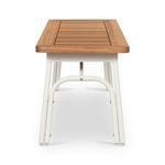 Side view of bench highlighting sturdy matte ivory metal frame supporting wooden top