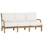Outdoor Haley Teak Sofa in natural teak with soft off-white cushions, front view