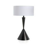 Table lamp with aged antique brass base shaped in a tapered cone and a white drum shade