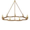 Side angle emphasizing rattan rods connecting scalloped frame to the chandelier canopy