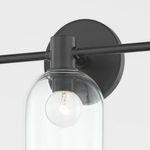 Close-up of single glass shade and round black wall mount on Paisley 1 Light Bath Sconce