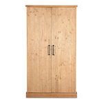 Tall wooden Tade cabinet in Irish pine finish with two doors and black metal handles, no legs