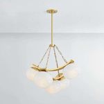 Duxbury Chandelier with five seedy glass shades suspended from curved brass-finished metal bands and chains