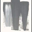 Abstract painting with three large vertical grey brushstrokes on off-white background, textured edges