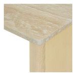 Close-up detail of rounded corner where natural wood leg meets stone tabletop