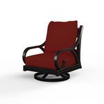 Outdoor swivel rocker chair with curled armrests, cross back detail, espresso aluminum frame, and dark red cushions