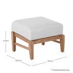 Teak ottoman angled slightly with dimension markings for height and width