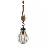 Murphy 1 Light Pendant with black metal frame, clear seeded glass shade, rope accent, and teardrop shape