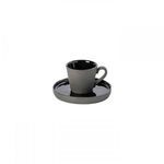 Black Lagoa Eco Gres coffee cup with handle and matching saucer with glossy black center and matte outer rim