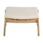 Ottoman front view with white cushion focused on wood frame and cushion contours