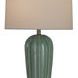 Table lamp with ribbed olive green ceramic body, clear crystal base and finial, topped with a vanilla linen shade