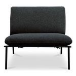 Armless outdoor accent chair with dark gray quick-dry Olefin cushions and black stainless steel frame with crisscross back