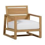 Back angle focusing on solid teak back panel in natural finish with white cushion