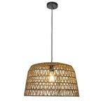 Pendant light hanging with warm bulb glow and black ceiling mount