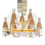 Lindenwood chandelier isolated on white background emphasizing sheen of aged brass and warm shade color.