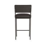 Back view of bar stool highlighting smooth graphite leather back panel and squared metal frame.