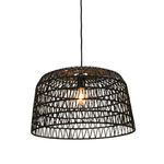 Sable pendant light illuminated with warm glow from exposed bulb inside woven shade