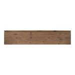 Side edge view of media console showing length and linear wood grain