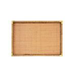 Top-down view highlighting tightly woven rattan base and brass corner protectors